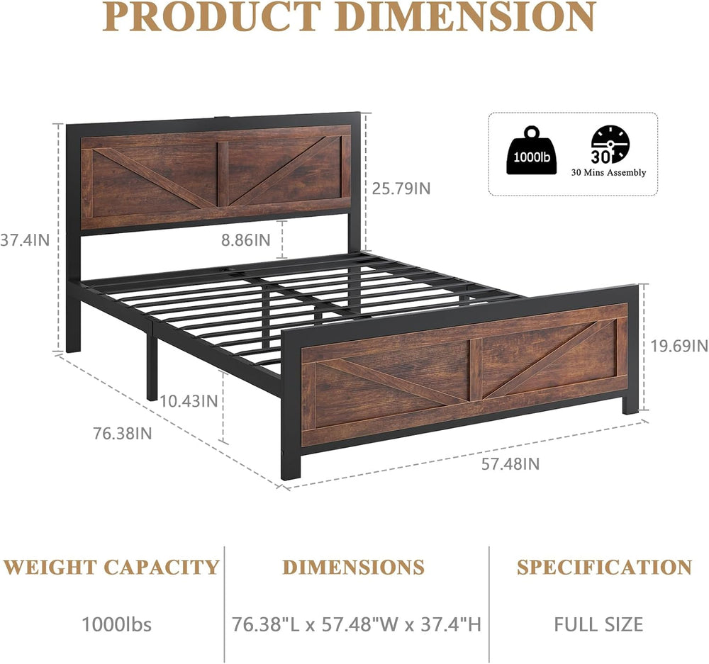 DOGIBIXO Full Size Bed Frame with Led Lights and Charging Station, Platform F...