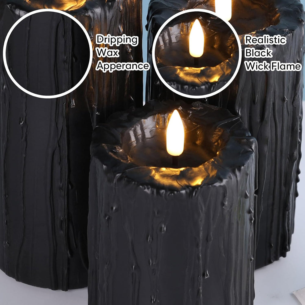 Eywamage Black Dripping Wax Halloween Flameless Pillar Candles with Remote