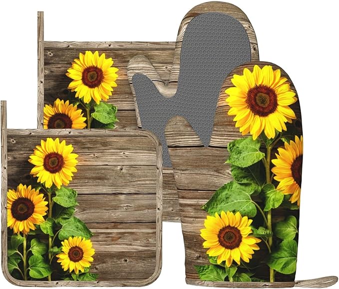 Sunflower Wooden Retro Oven Mitts and Pot Holders Sets of 4, Heat Resistant by Echoserein