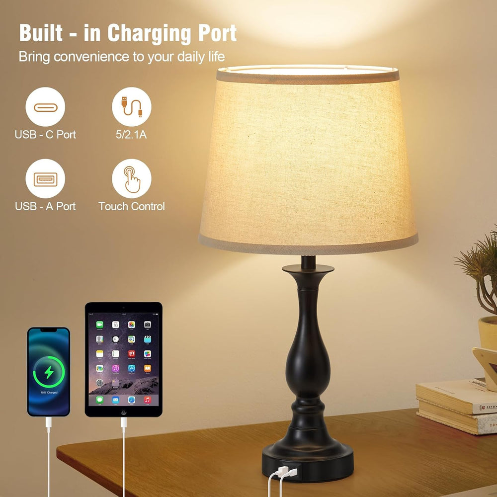 Touch Lamps for Nightstand Set of 2, Bedside Table Lamp USB C+A Ports