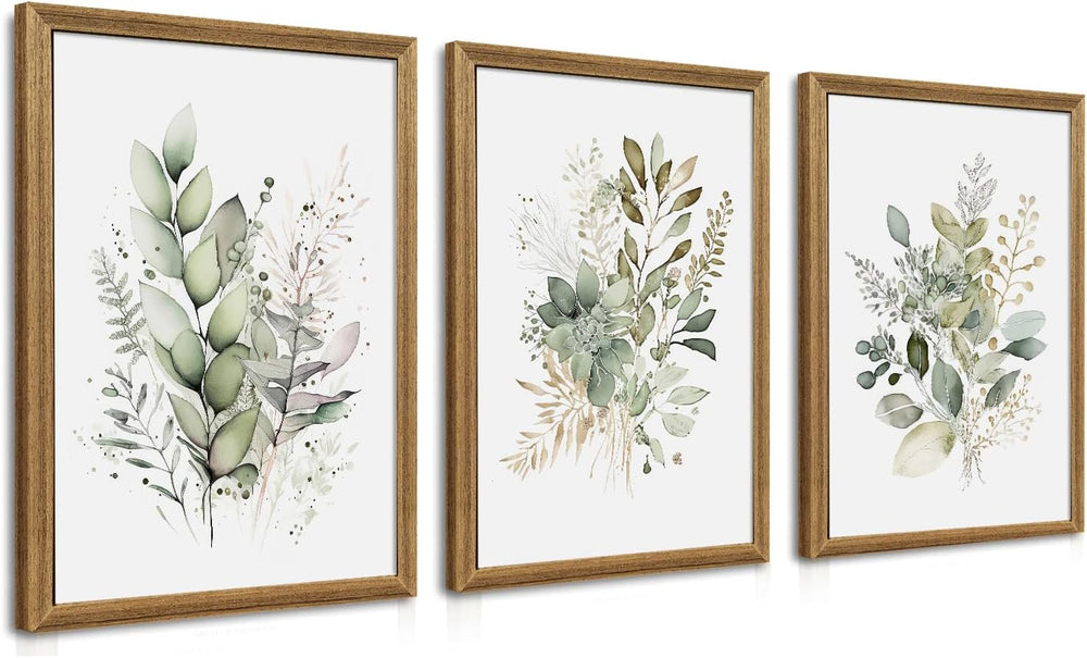 WRFON Framed Sage Green Botanical Wall Art Set of 3, Watercolor Eucalyptus &a...