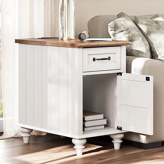 WAMPAT End Table with Charging Station, White Side Table with Storage Cabinet...