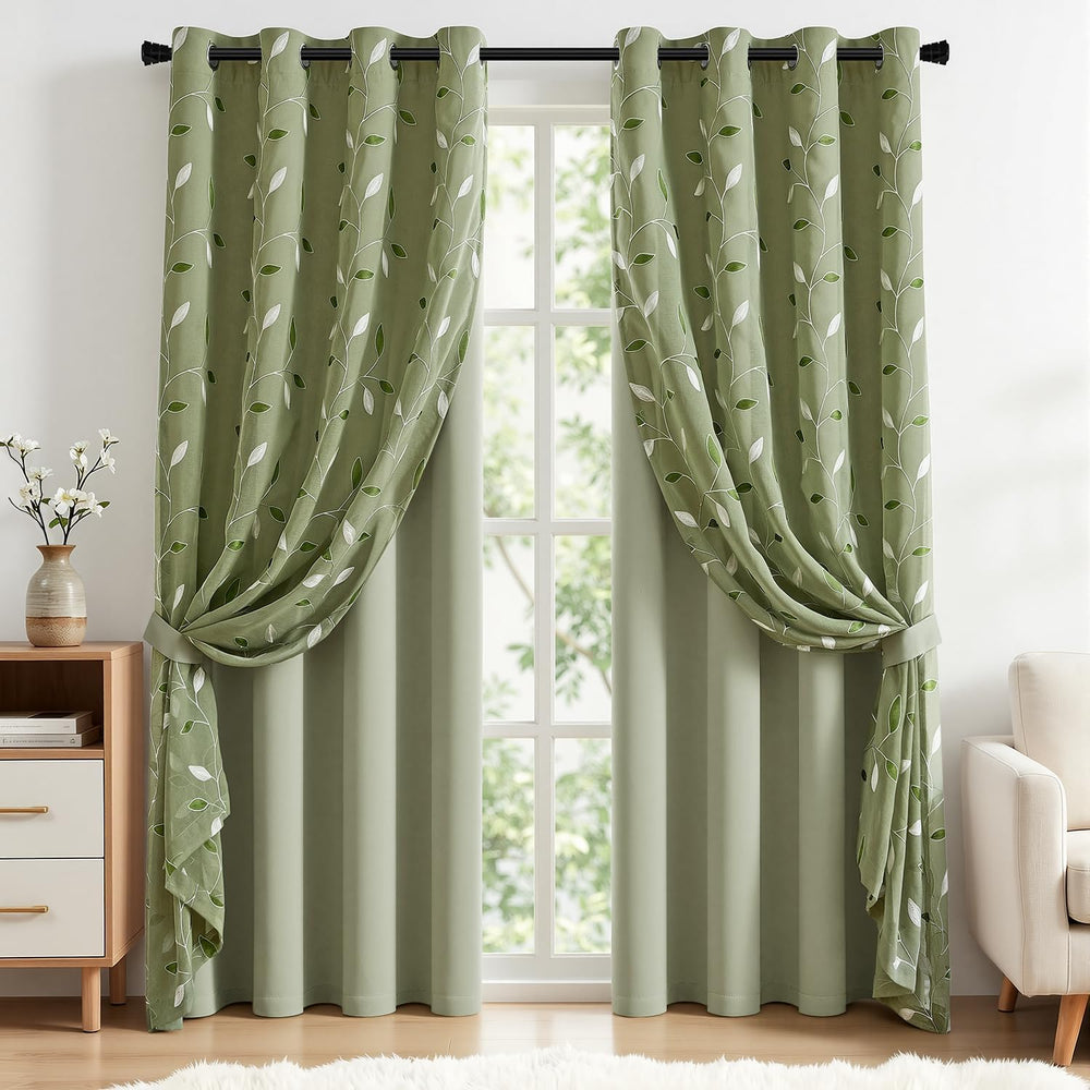 MIULEE Sage Green Double Layer Patterned Blackout Curtains 52" W x 84&qu...