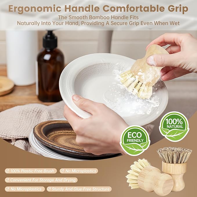 DEBETOOL 2-Pack Bamboo Dish Brush – Natural Dish Scrub Brush - Image 4