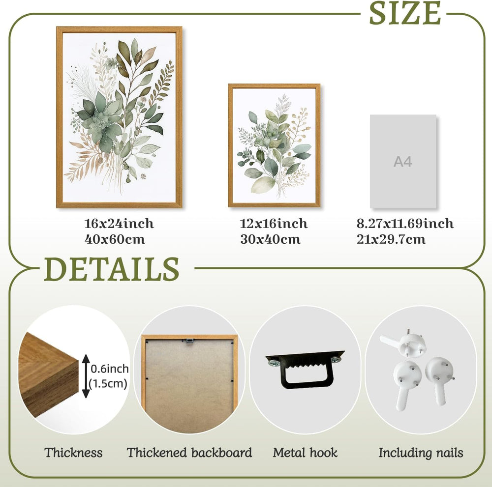 LLEEMPI Sage Green Botanical Wall Art Set of 3, 12x16 Wood Framed Prints