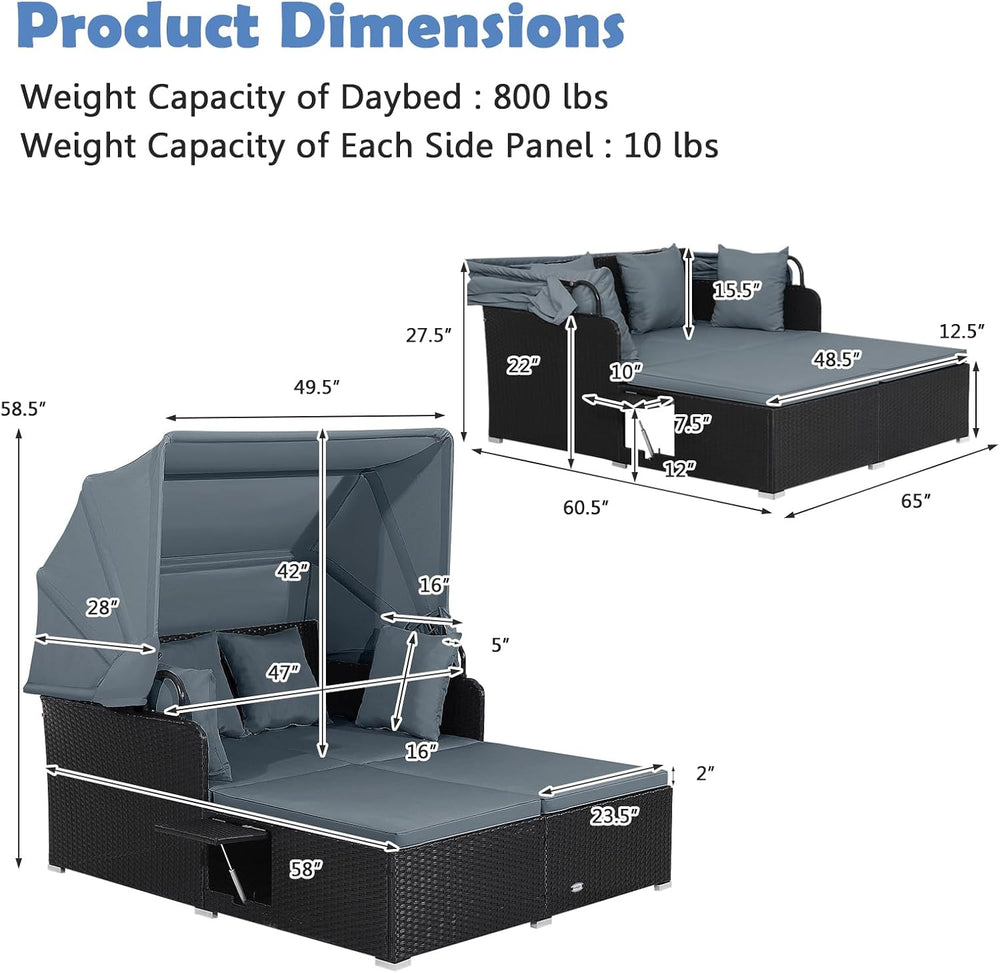 Moccha Outdoor Daybed with Retractable Canopy, Wicker Cabana with 2 Side Tabl...
