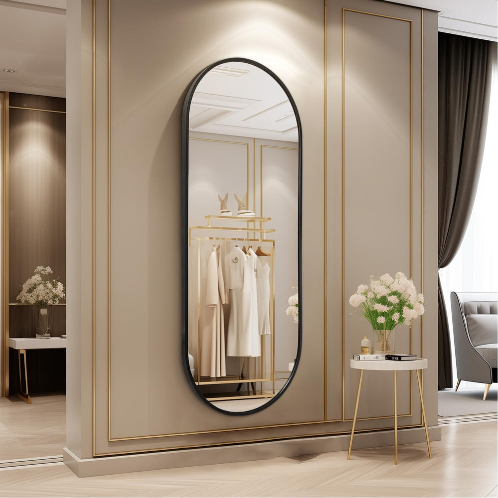 Black Oval Bathroom Full Length Mirror, 48x16'' Pill Shaped Oblong Va...