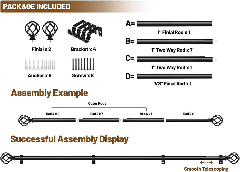 KAMANINA Black Curtain Rods for Windows 72 to 144 Inch, Long Drapery Rods