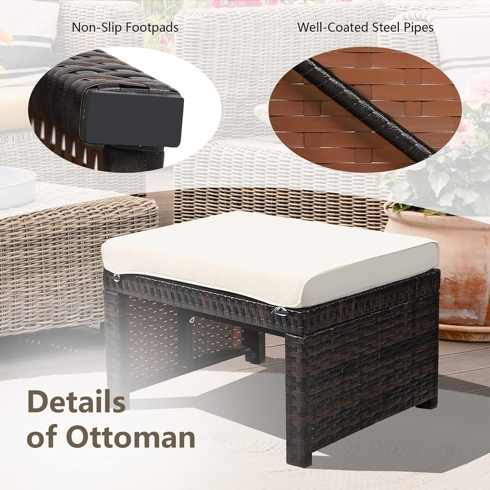 2-Piece Wicker Ottomans, Outdoor Rattan Foot Rest Set of 2 w/Removable Cushio...