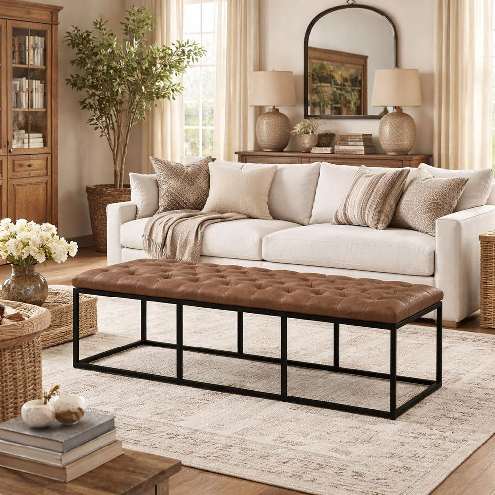HomePop 58" Large Upholstered Bench - Light Brown PU Leather
