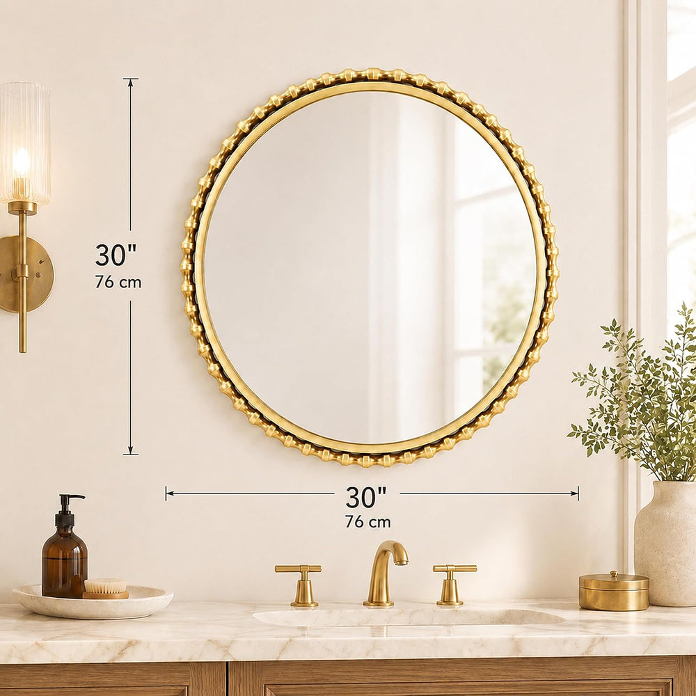 30" Round Bathroom Mirror, Antique Gold Bold Beaded Frame