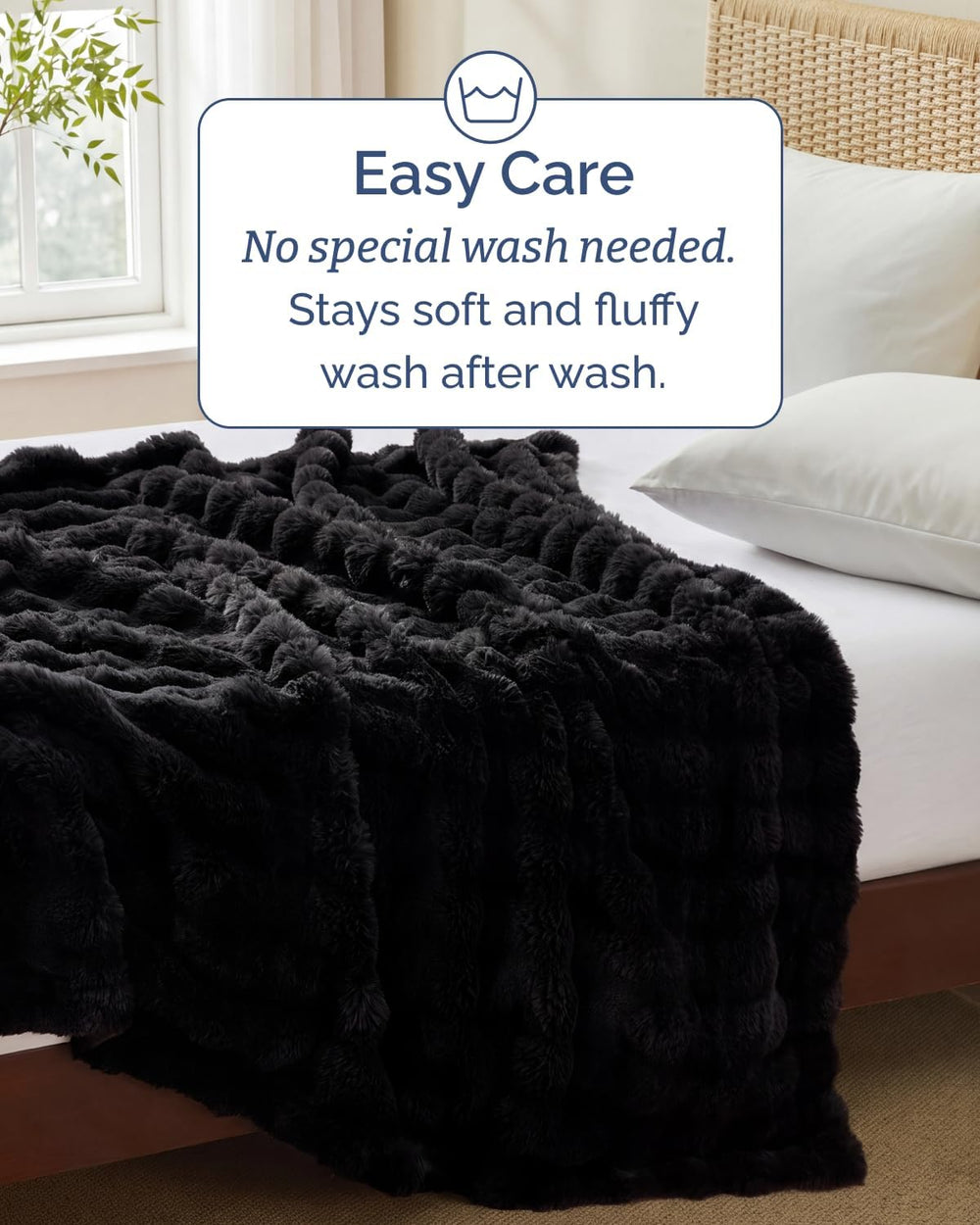 Faux Fur Throw Blanket - Throw Size Bubble Blanket - 50" x 60", Black