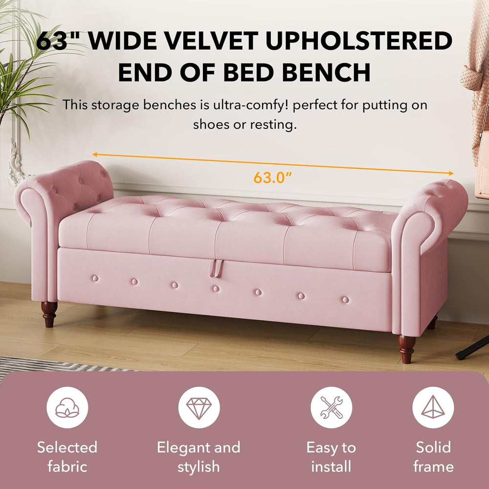 63" Wide Storage Bench, Velvet Upholstered End of Bed Bench with Pull Ri...