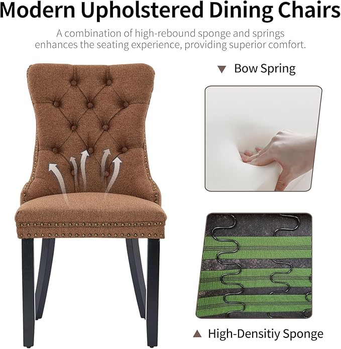 Brown Dining Chairs Set of 6, Upholstered Tufted Linen Fabric Dining Room Cha...