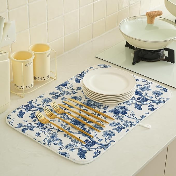 Blue Floral Dish Drying Mat 18 x 24 Inch Vintage Navy Blue Floral Drying Mat - Image 2