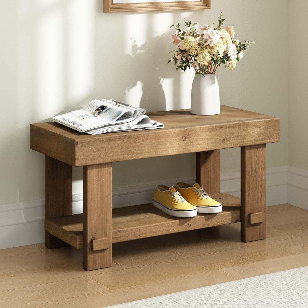 31.5" Solid Wood Bench, Small Farmhouse Narrow Storage Bench, Natural | with Storage Shelf, Rustic, Easy Assembly, for Indoor, Entryway, Dining Room, Living Room and Hallway