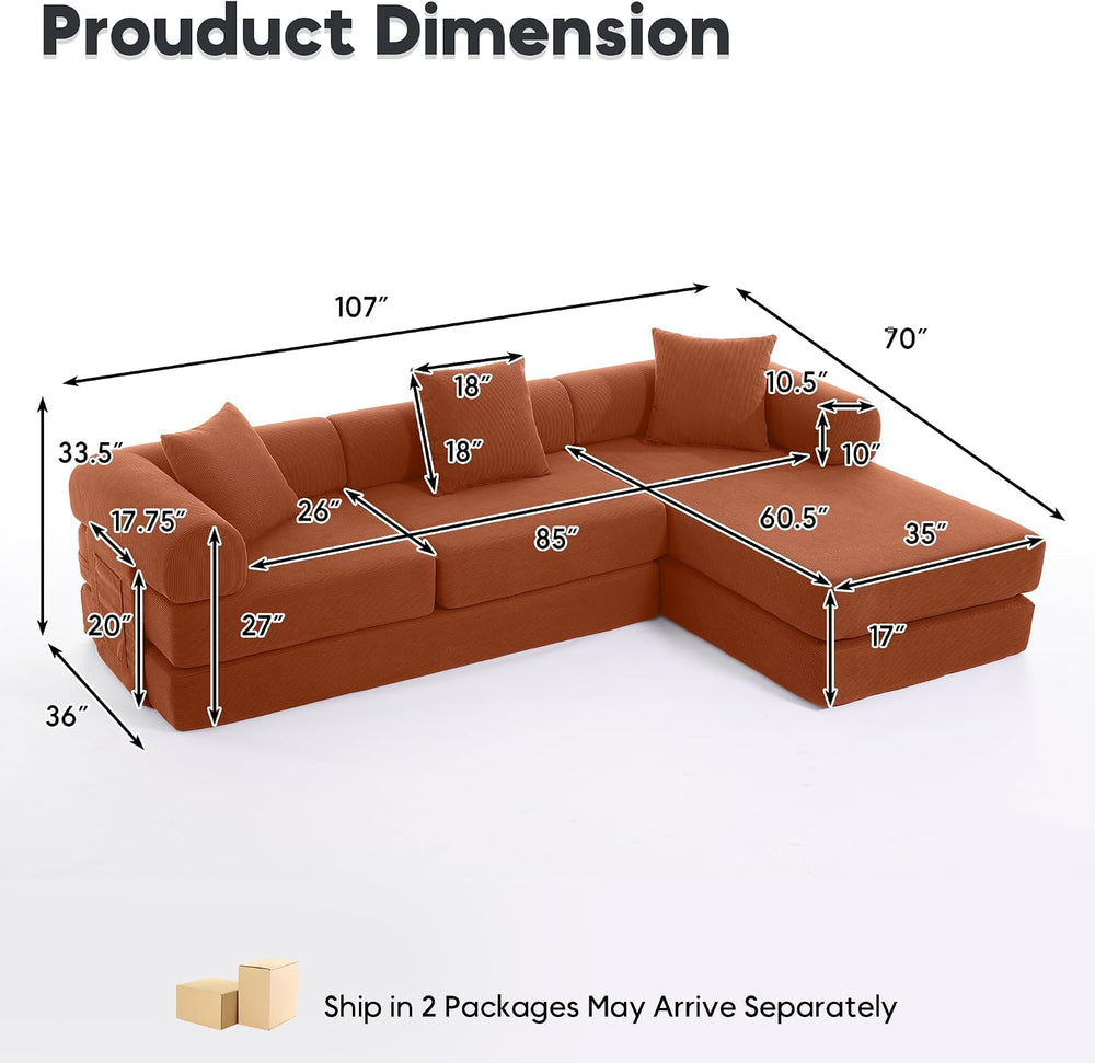 107" Modular Sectional Sofa Bed, L-Shape Corduroy Boneless Couch, Orange
