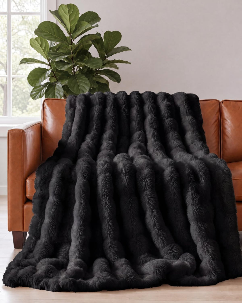 Faux Fur Throw Blanket - Throw Size Bubble Blanket - 50" x 60", Black