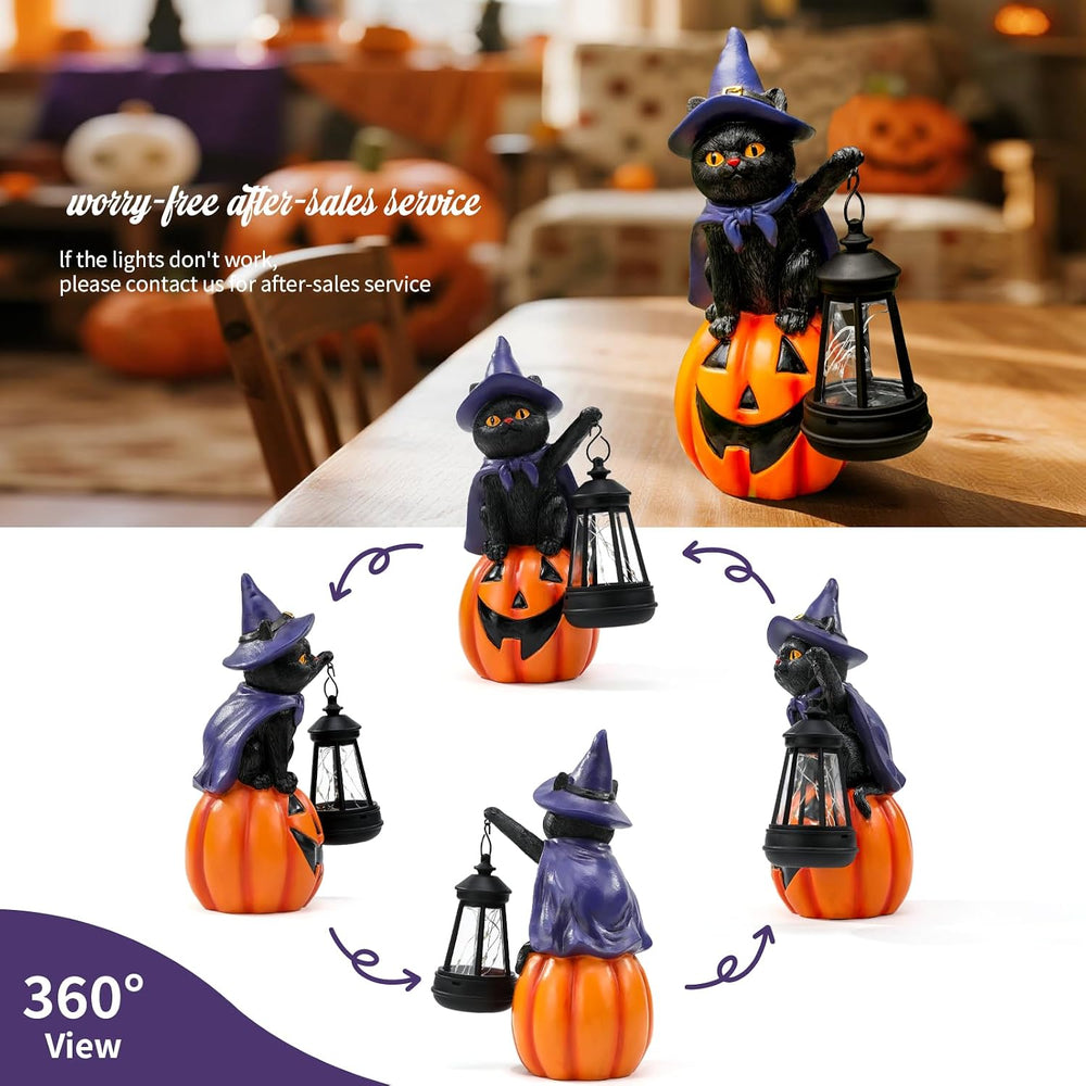 Halloween Black Cat Decor Solar Cat Garden Statues Sit On Pumpkin with LED La...