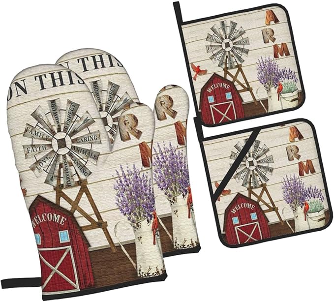 Oven Mitts and Pot Holders Sets of 4, Farmhouse Windmill and Barn House - Image 2