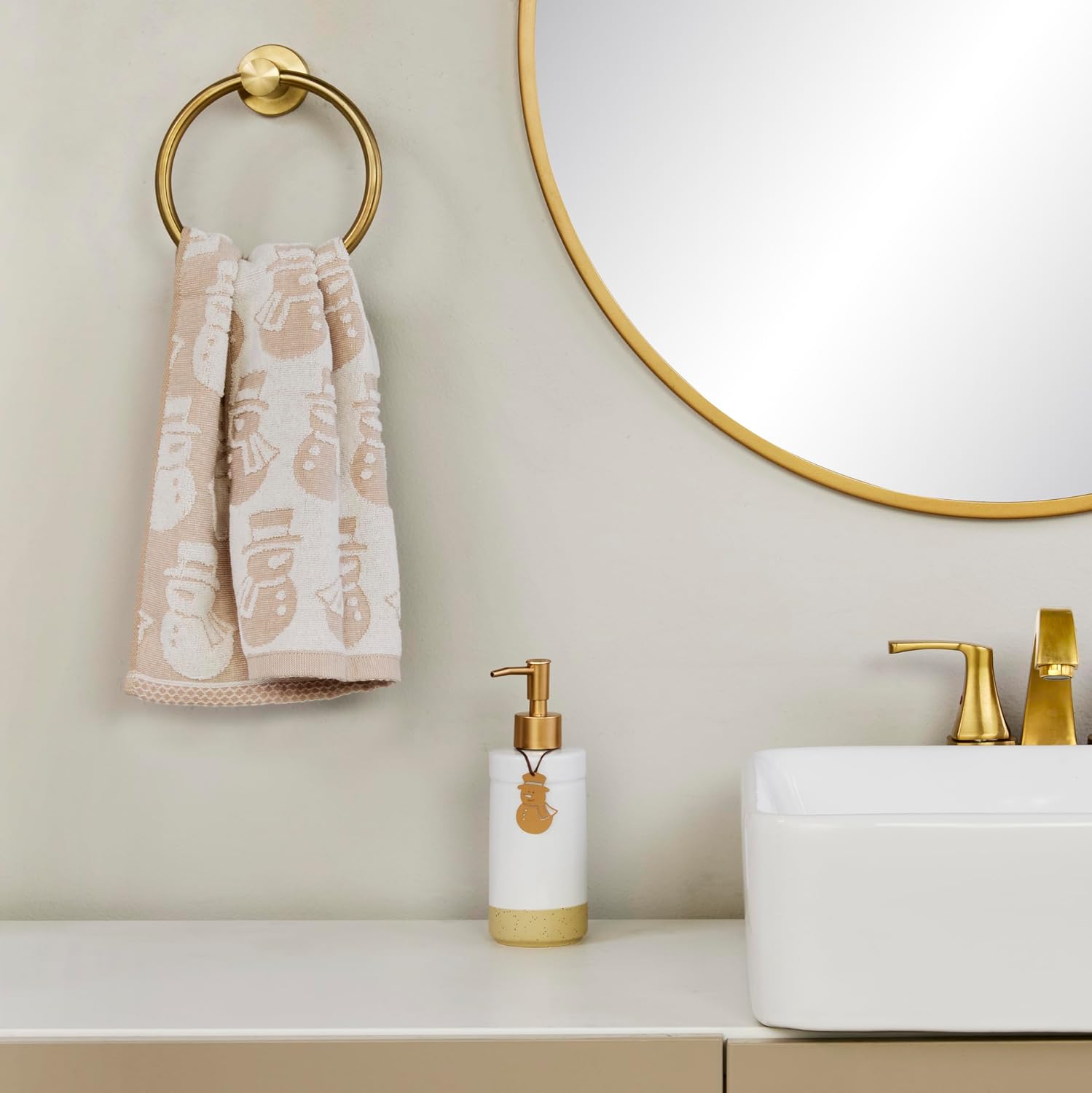 SKL Home Christmas/Winter Snowman Hand Towel Set-2pc, Jacquard, Tan | 100% Cotton. Soft, absorbent & reversible. Great for use in the bathroom, kitchen, or bar & gifting.