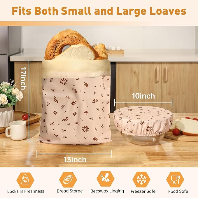 Tirphy 3 Pack Reusable Bread Bags and Bowl Cover Set, Beeswax Bread Bags - Image 3