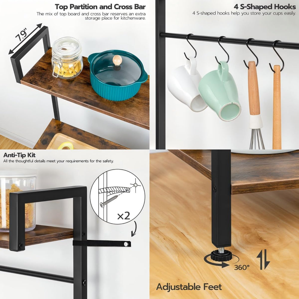 HOOBRO Bakers Rack with Power Outlet, 35.4 Inches Coffee Bar with Mesh Basket...