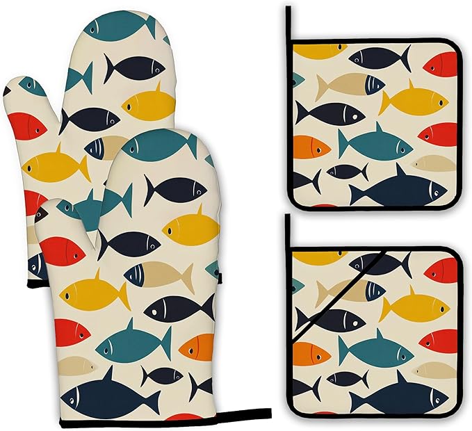 Cute Fish Oven Mitts and Pot Holders Set, Boho Kitchen Decor Heat Resistant Non by Unknown