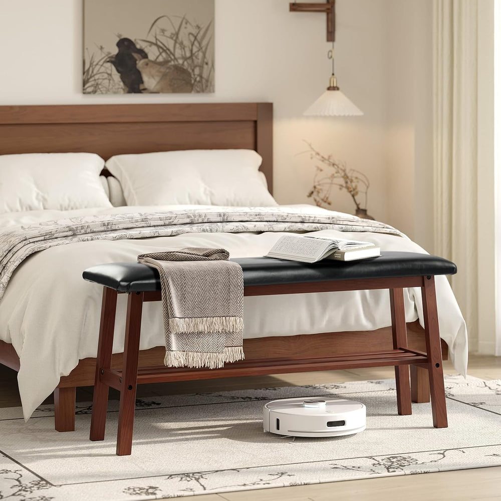 VINGLI Padded Solid Wood Dining Table Bench with Shoe Rack Storage Walnut