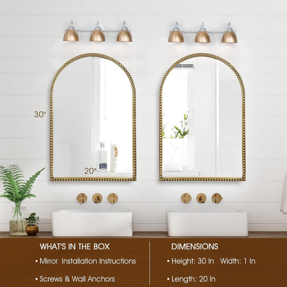 Arched Wall Mirror for Bathroom, 20"x30" Metal Beaded Frame Decorat...