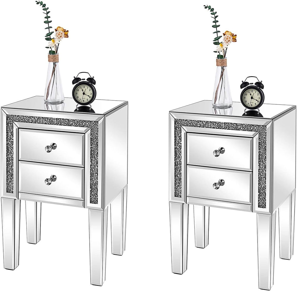 VINGLI Mirrored Nightstand Set of 2 Silver Glass Sofa/Couch Side Tables Bedro...