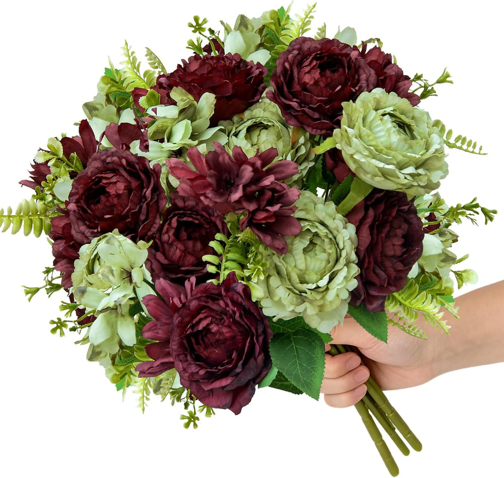 Burgundy Peonies Artificial Flowers Faux Fall Bouquet 17" for Vase, 3 PCS