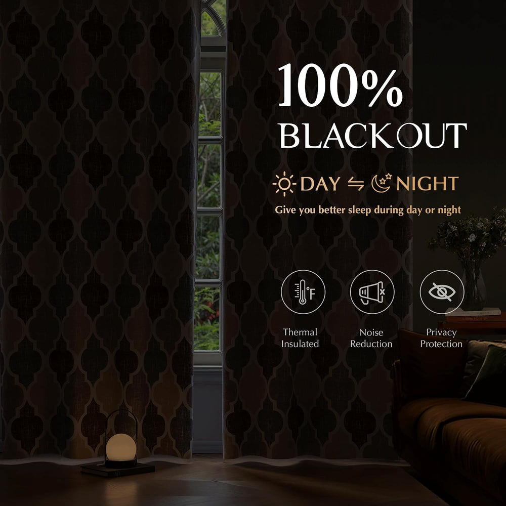 Beauoop Moroccan 100% Blackout Curtains Bedroom Brown Grey 50x63 2 Panels