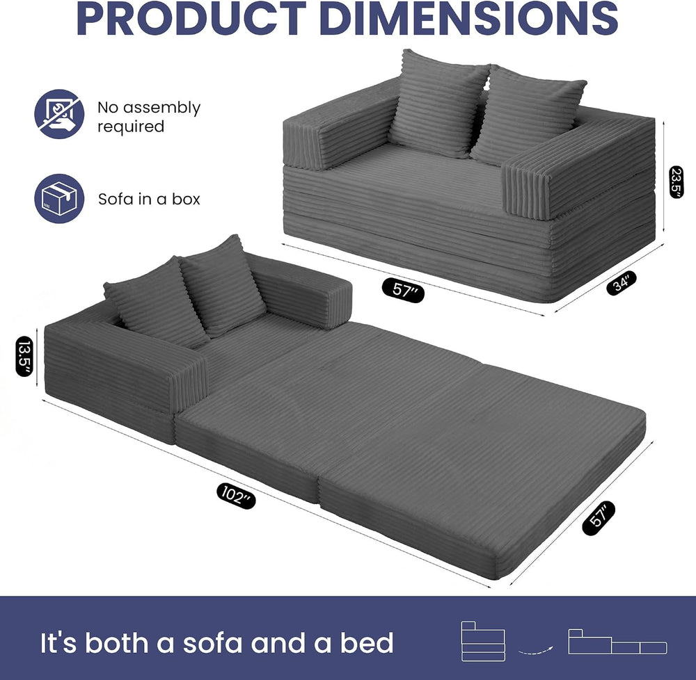 Convertible Sofa Bed, 4-in-1 Boneless Loveseat with Removable Armrests Backre...