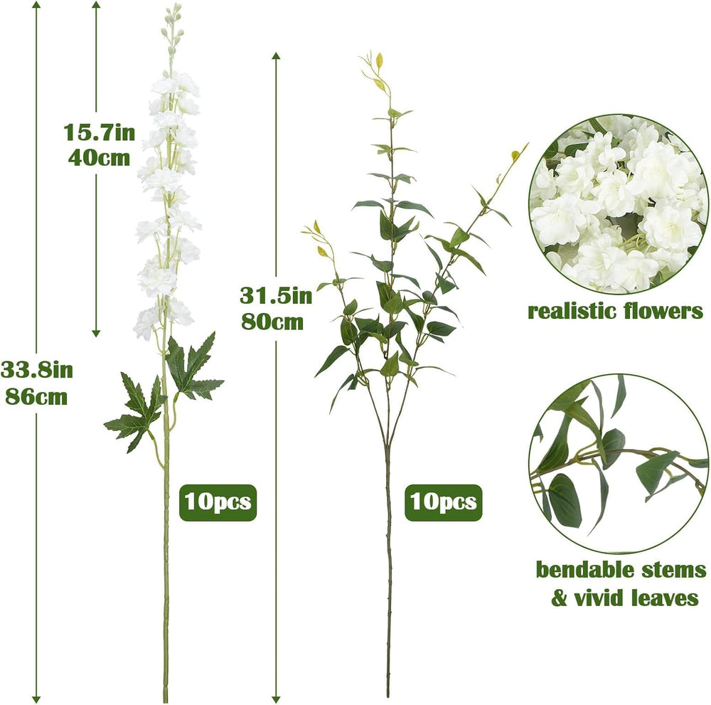 20PCS 33.5" White Artificial Delphinium Flowers with Clematis Greenery