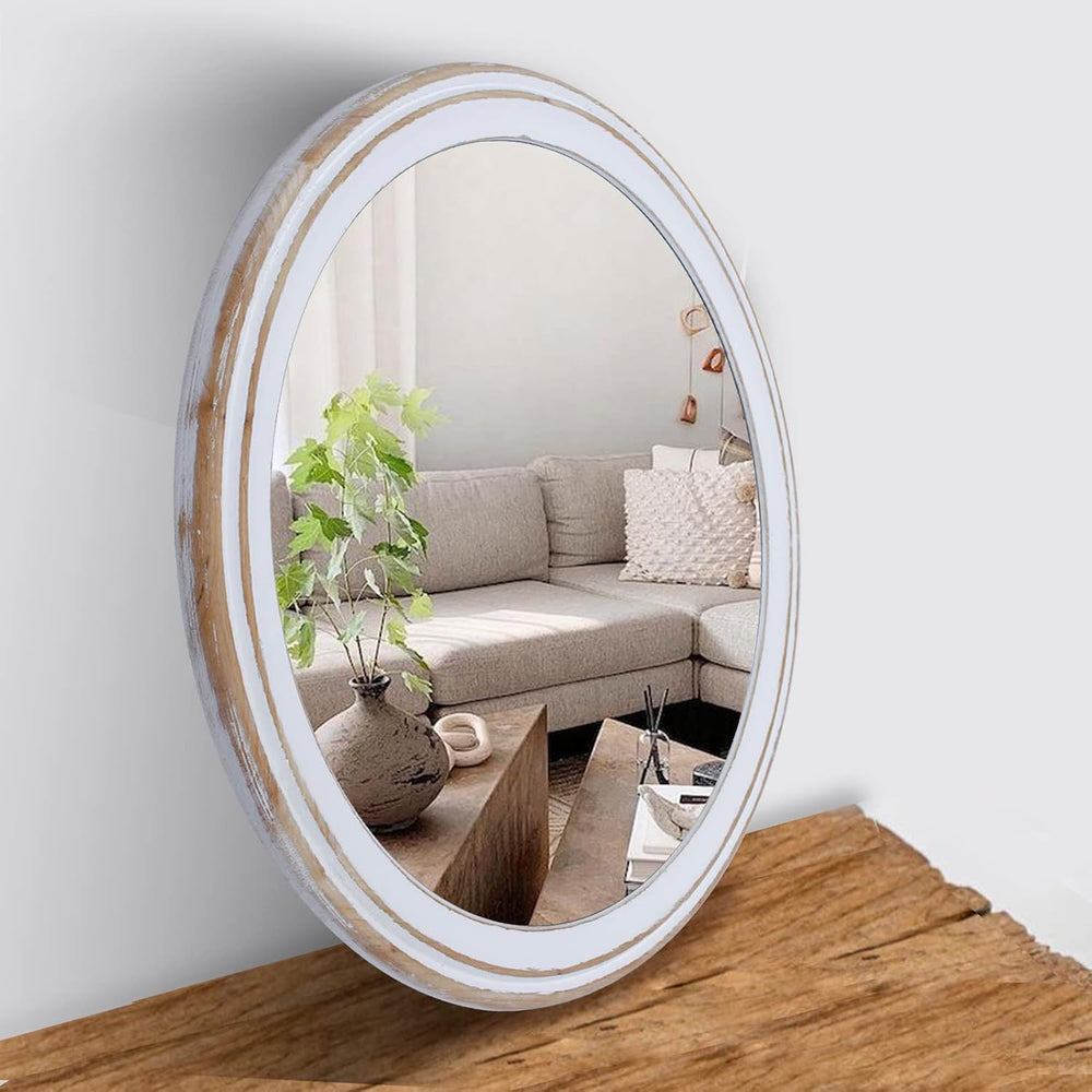 30 Inch Farmhouse Round Wall Mirror, Rustic Wood Decorative Circle Mirrors