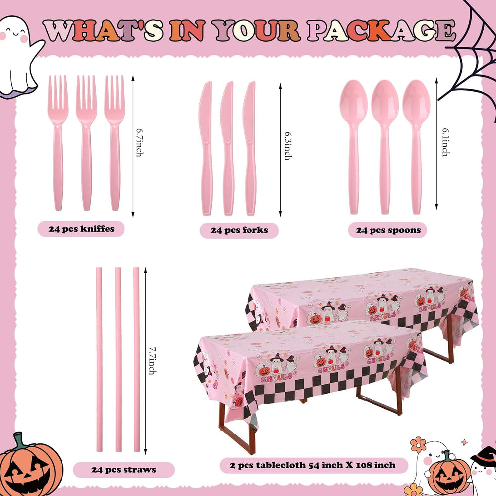 FoldTier 170 Pcs Pink Halloween Party Supplies Let's Go Ghouls Decorations