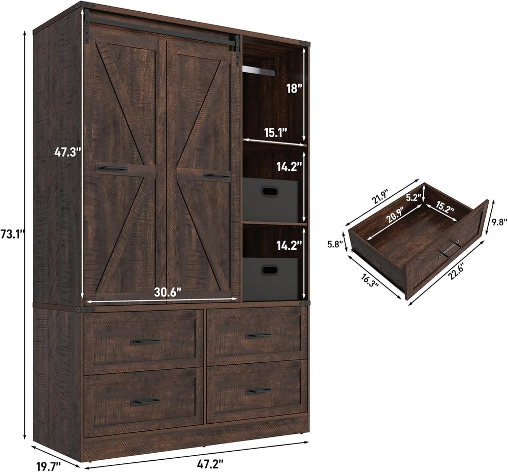 Farmhouse 3 Doors Armoire Wardrobe Closet w/Folding Sliding Barn Door and Lig...