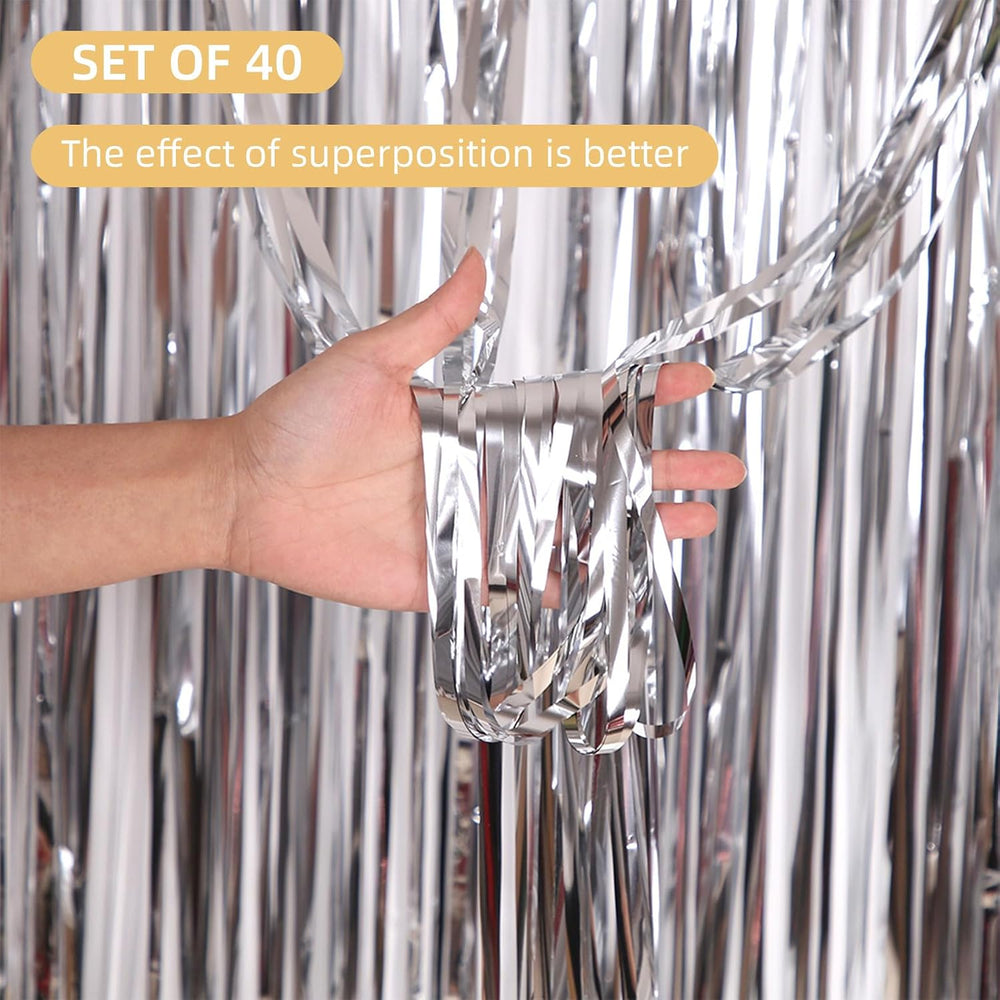 40 Pack Silver Foil Curtain Backdrop Metallic Tinsel Foil Fringe Curtains Pho...