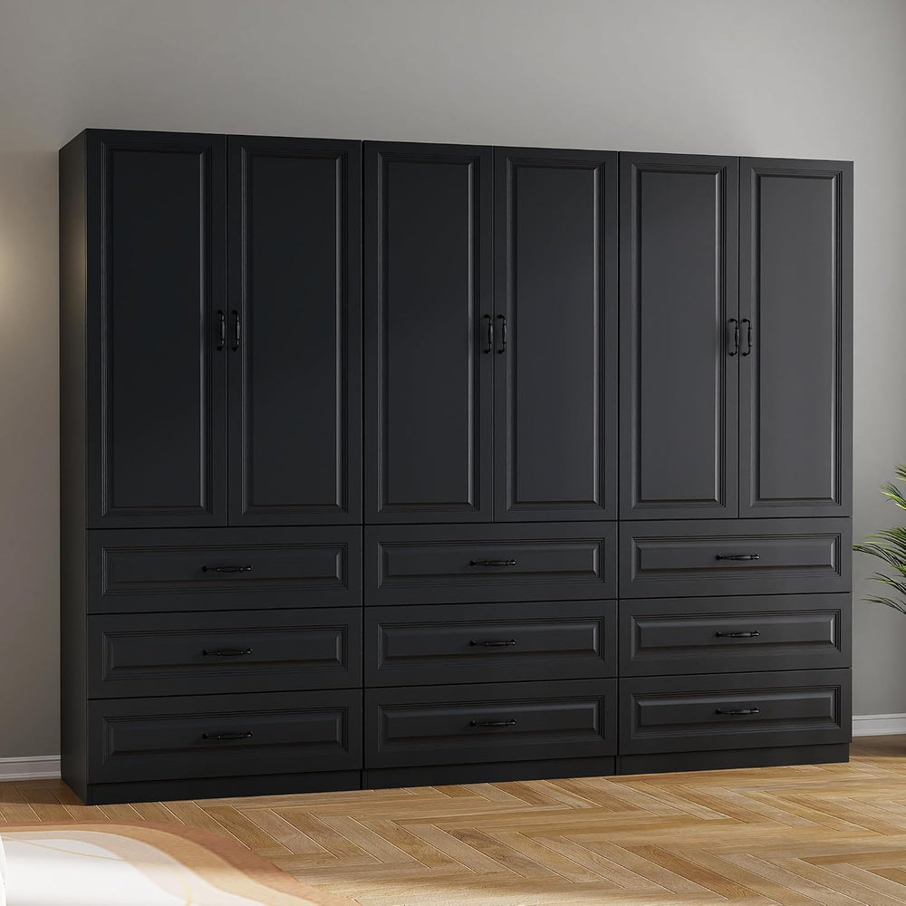 Black Wardrobe Closet with 9 Drawers and 6 Doors, 75" H x 95" W