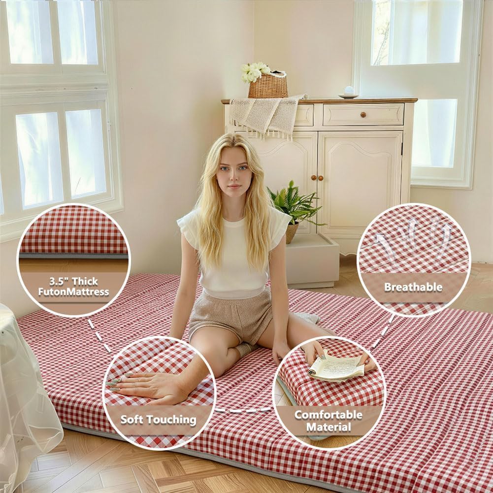 red gingham japanese floor mattress, full size 60" shown in use