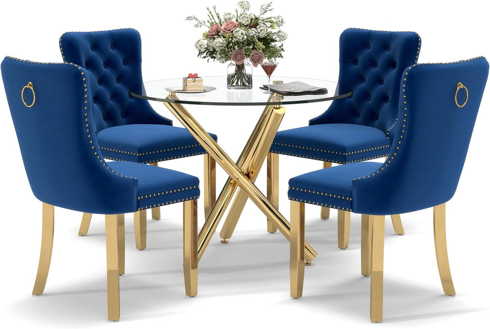 Modern Gold Round Glass Dining Table Set for 4, 36'' Luxury Minimalis...