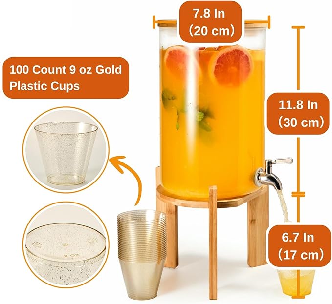 Glass Beverage Dispenser with Bamboo Stand and Lid, Iced 2.1 Gallon Drink - Image 5