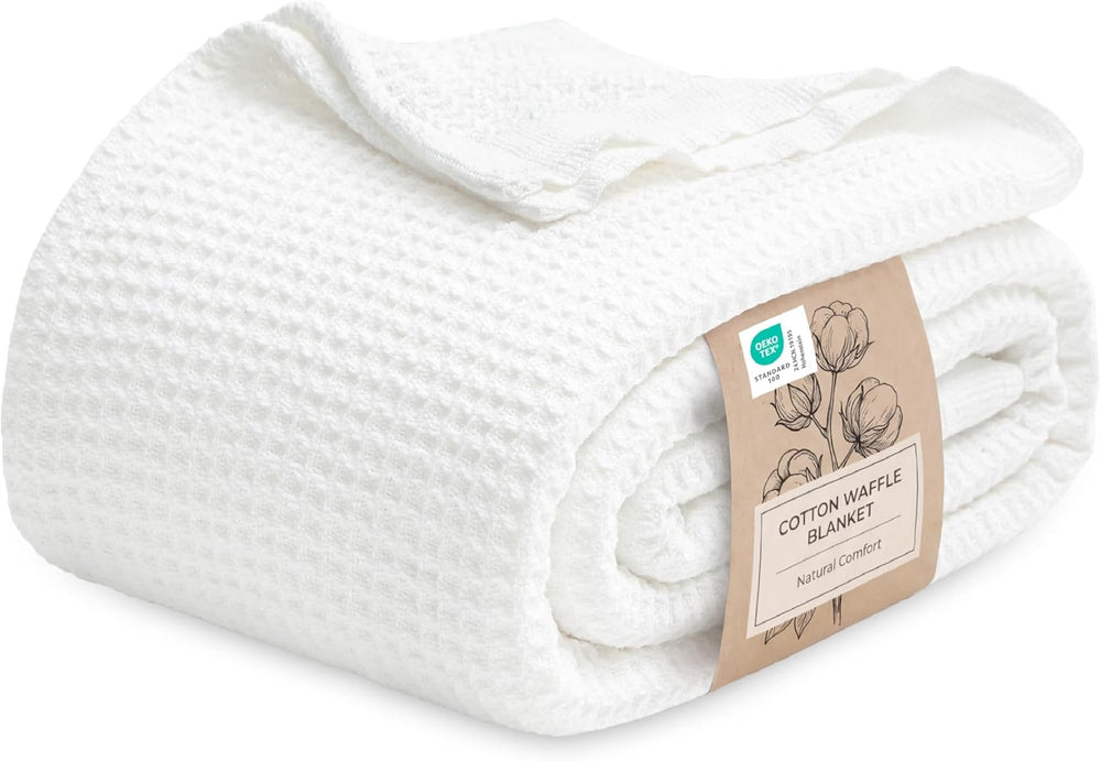 Bedsure 100% Cotton Blanket, Waffle Weave, King Size, White, 104"x90"