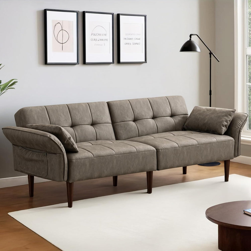 HALLYBEE 85" Futon Faux Leather Couch with Adjustable Armrests Grey
