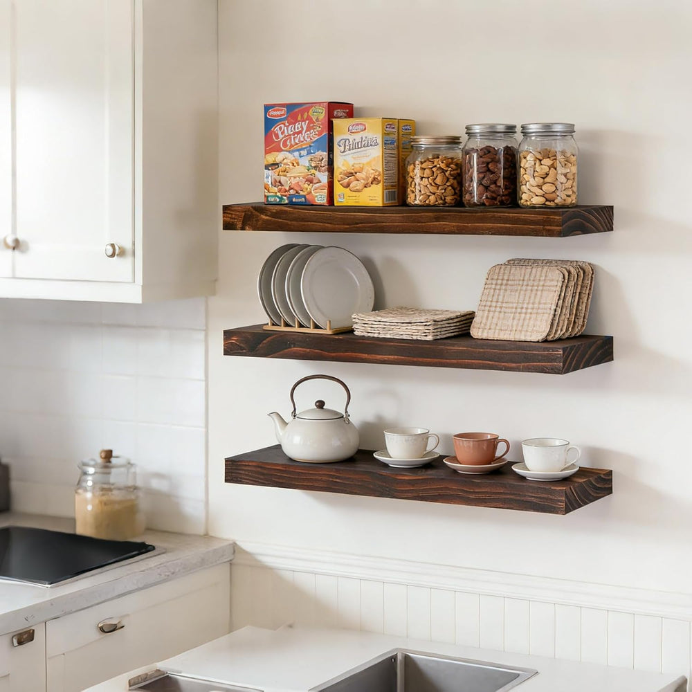 24x6.8x1.7in Solid Wood Floating Wall Shelf Set of 3 Walnut Finish
