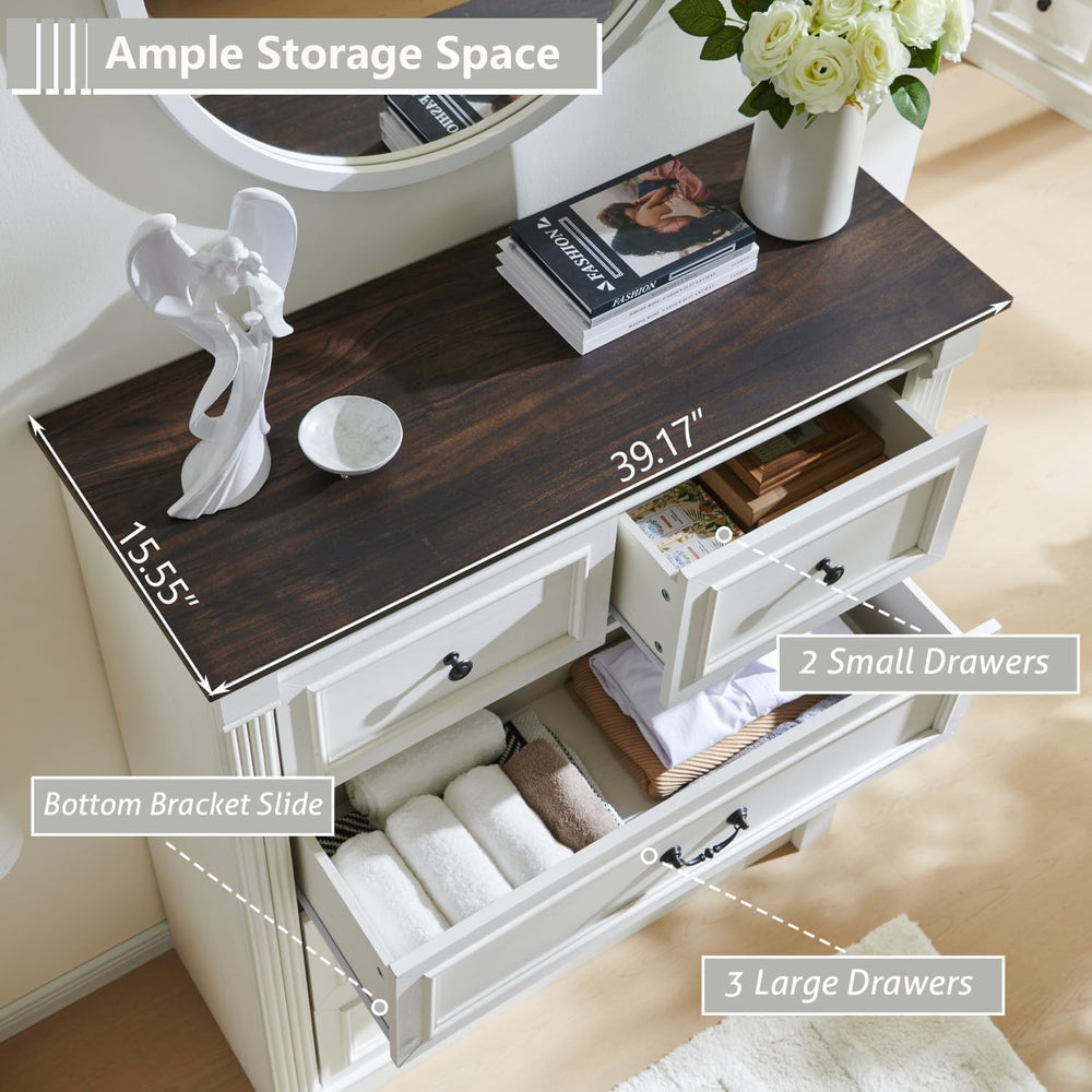 Aitjunz Farmhouse 46" Tall 5 Drawers Dresser for Bedroom, Antique White