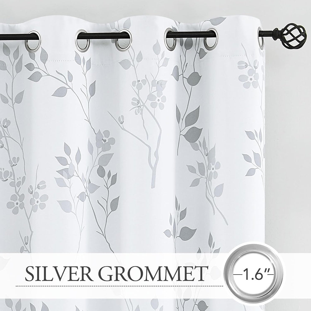 Beauoop Floral 100% Blackout Curtains for Bedroom Grey White 52X84 2 Panels