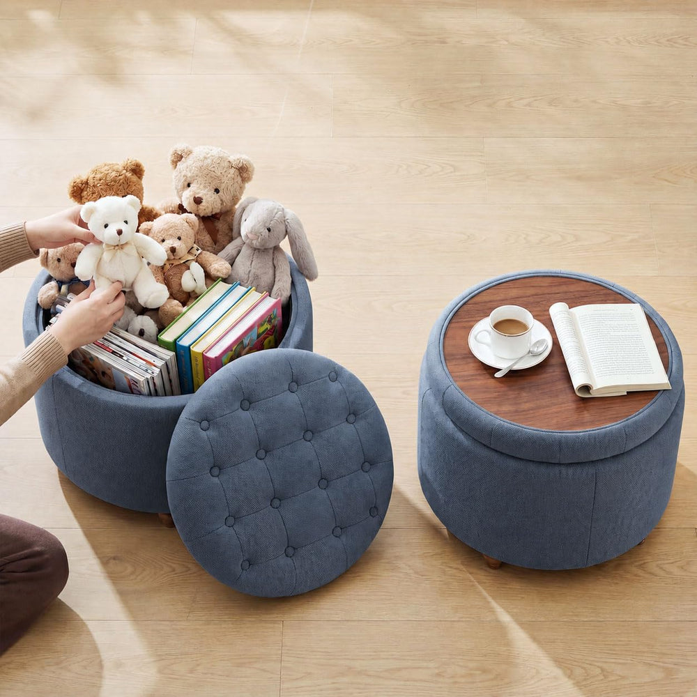 25" Round Ottoman with Storage, Small Coffee Table with Reversible Tray Lid