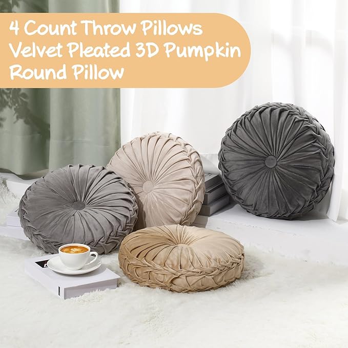 Kathfly Set of 4 Decorative Round Pleated Throw Pillows, Classy Velvet Pumpkin - Image 6